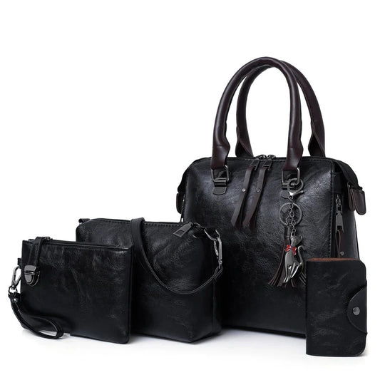 Ensemble Sac à Main Femme 4 Pièces - Cuir PU avec Pompon - Sac Bandoulière + Pochette