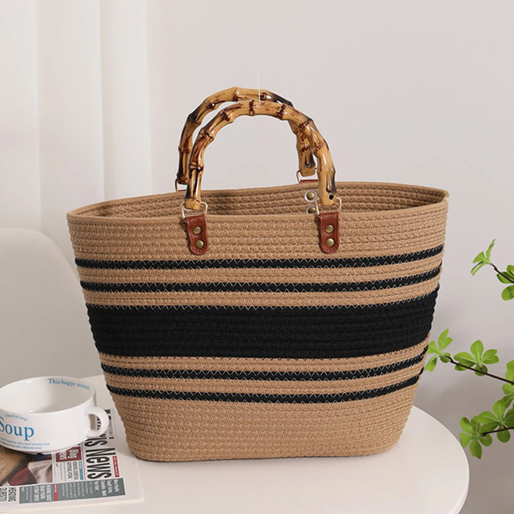 Women's Woven Bag with Bamboo Handle – Large Capacity, Striped, Ideal for Beach and Holidays