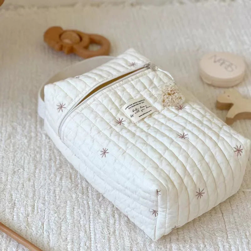 Quilted & Embroidered Diaper Organizer – Stroller Caddy Bag for Mom | Baby Storage | Zipper Closure