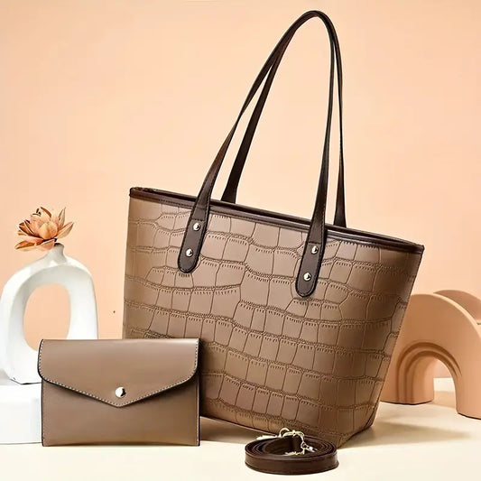 PU Leather Crocodile Pattern Tote Bag and Pouch Set