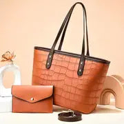 PU Leather Crocodile Pattern Tote Bag and Pouch Set
