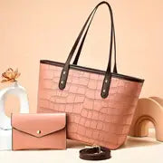 PU Leather Crocodile Pattern Tote Bag and Pouch Set