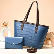 PU Leather Crocodile Pattern Tote Bag and Pouch Set