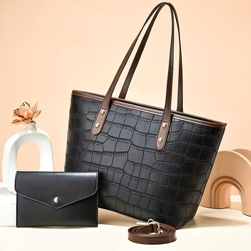 PU Leather Crocodile Pattern Tote Bag and Pouch Set