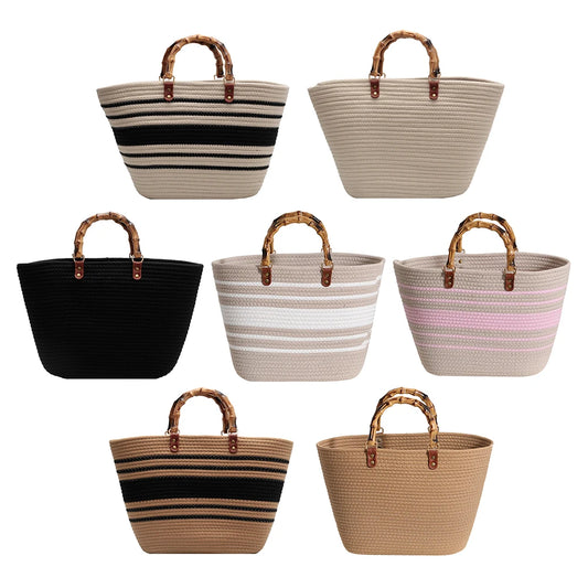 Sac Tressé Femme Anse Bambou – Grande Capacité, Rayé, Idéal Plage et Vacances
