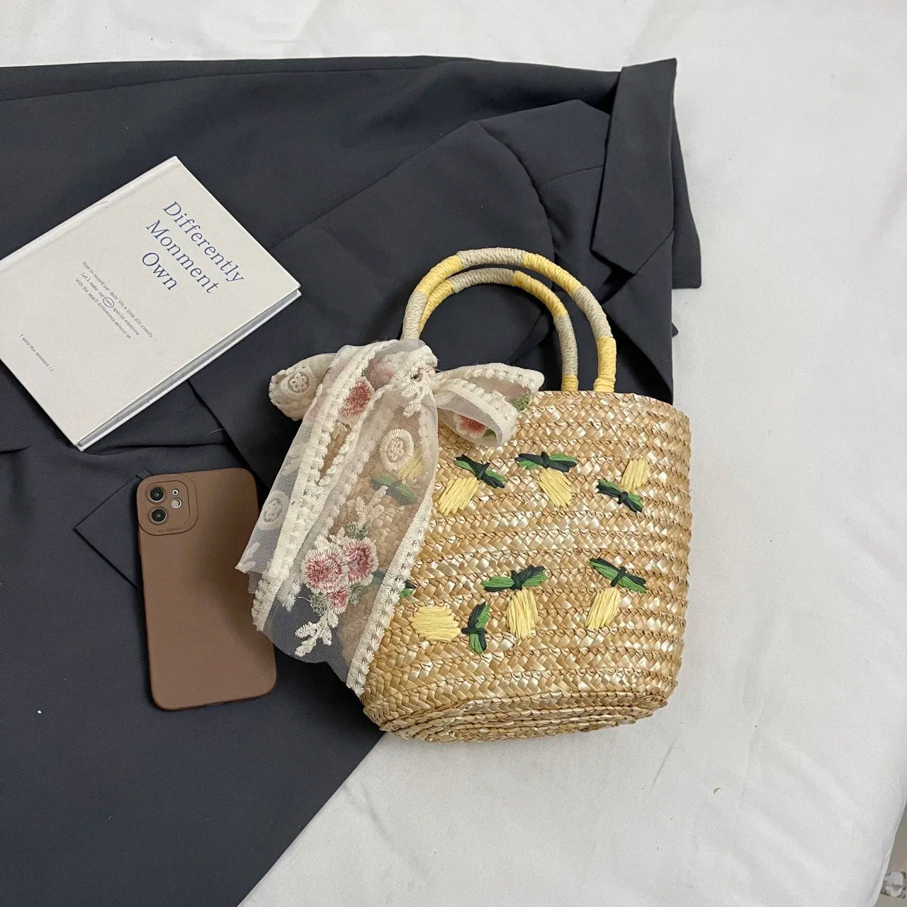 Sac de Plage en Paille Fait Main – Brodé & Bohème | Sac À Épaule Grande Capacité | Panier Rotin Été | S, M & L