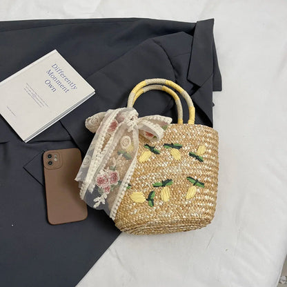 Sac de Plage en Paille Fait Main – Brodé & Bohème | Sac À Épaule Grande Capacité | Panier Rotin Été | S, M & L