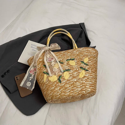Sac de Plage en Paille Fait Main – Brodé & Bohème | Sac À Épaule Grande Capacité | Panier Rotin Été | S, M & L