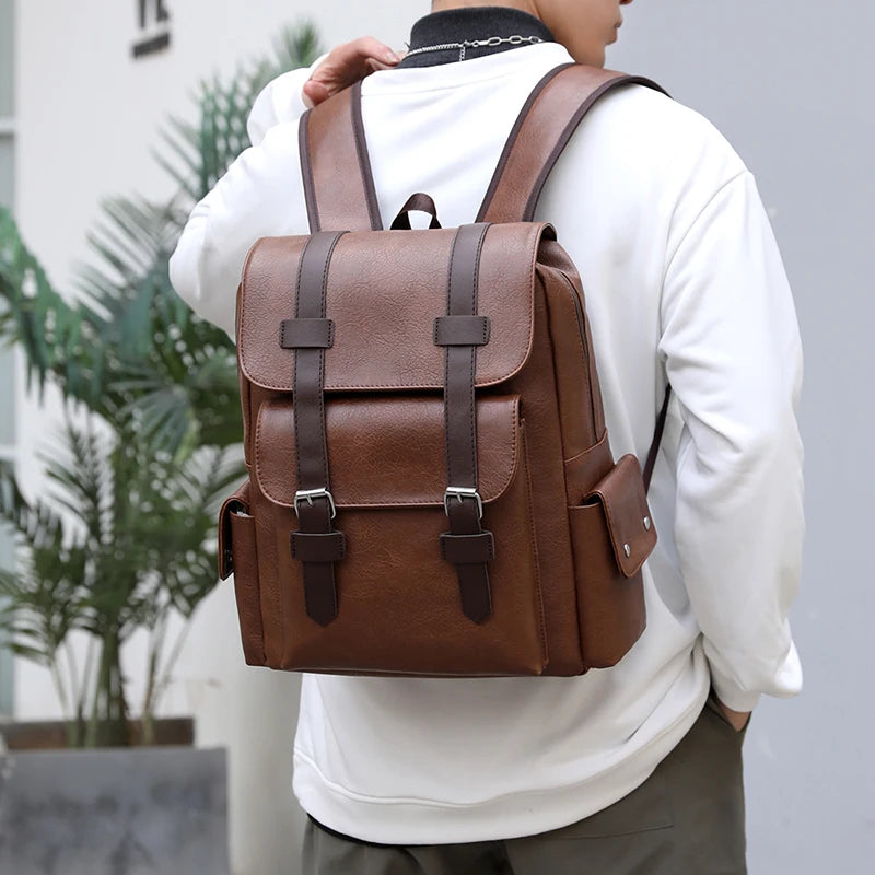 Men's PU Leather Backpack – Large Capacity, Laptop & Casual Style