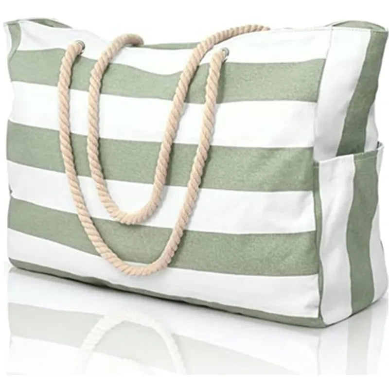 Grand Sac de Plage Rayé Impérméable – Tote Bag Zippé pour Femme, Piscine et Voyage
