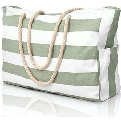 Grand Sac de Plage Rayé Impérméable – Tote Bag Zippé pour Femme, Piscine et Voyage