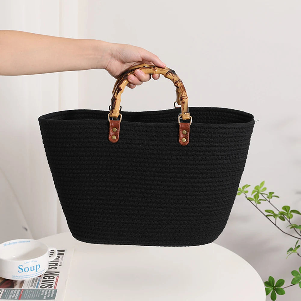 Women's Woven Bag with Bamboo Handle – Large Capacity, Striped, Ideal for Beach and Holidays