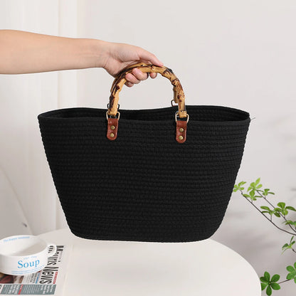 Women's Woven Bag with Bamboo Handle – Large Capacity, Striped, Ideal for Beach and Holidays