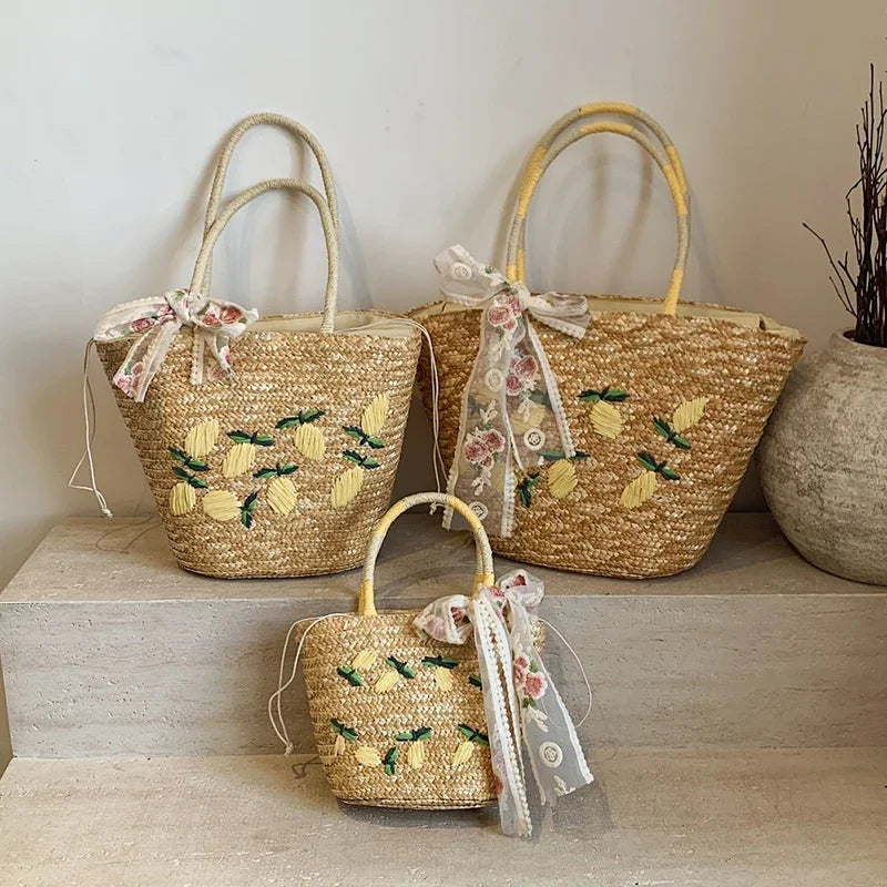 Sac de Plage en Paille Fait Main – Brodé & Bohème | Sac À Épaule Grande Capacité | Panier Rotin Été | S, M & L