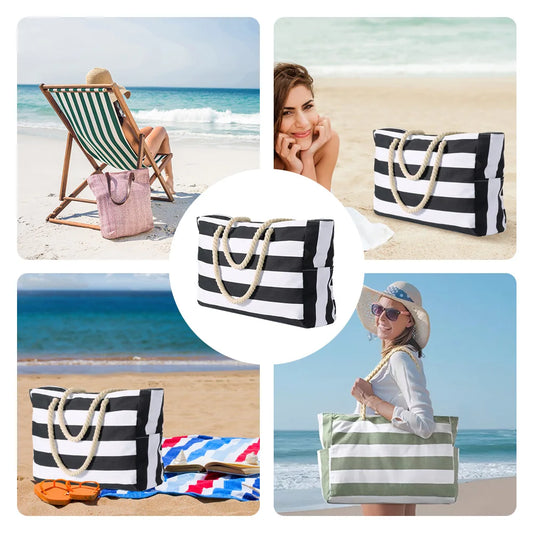Grand Sac de Plage Rayé Impérméable – Tote Bag Zippé pour Femme, Piscine et Voyage