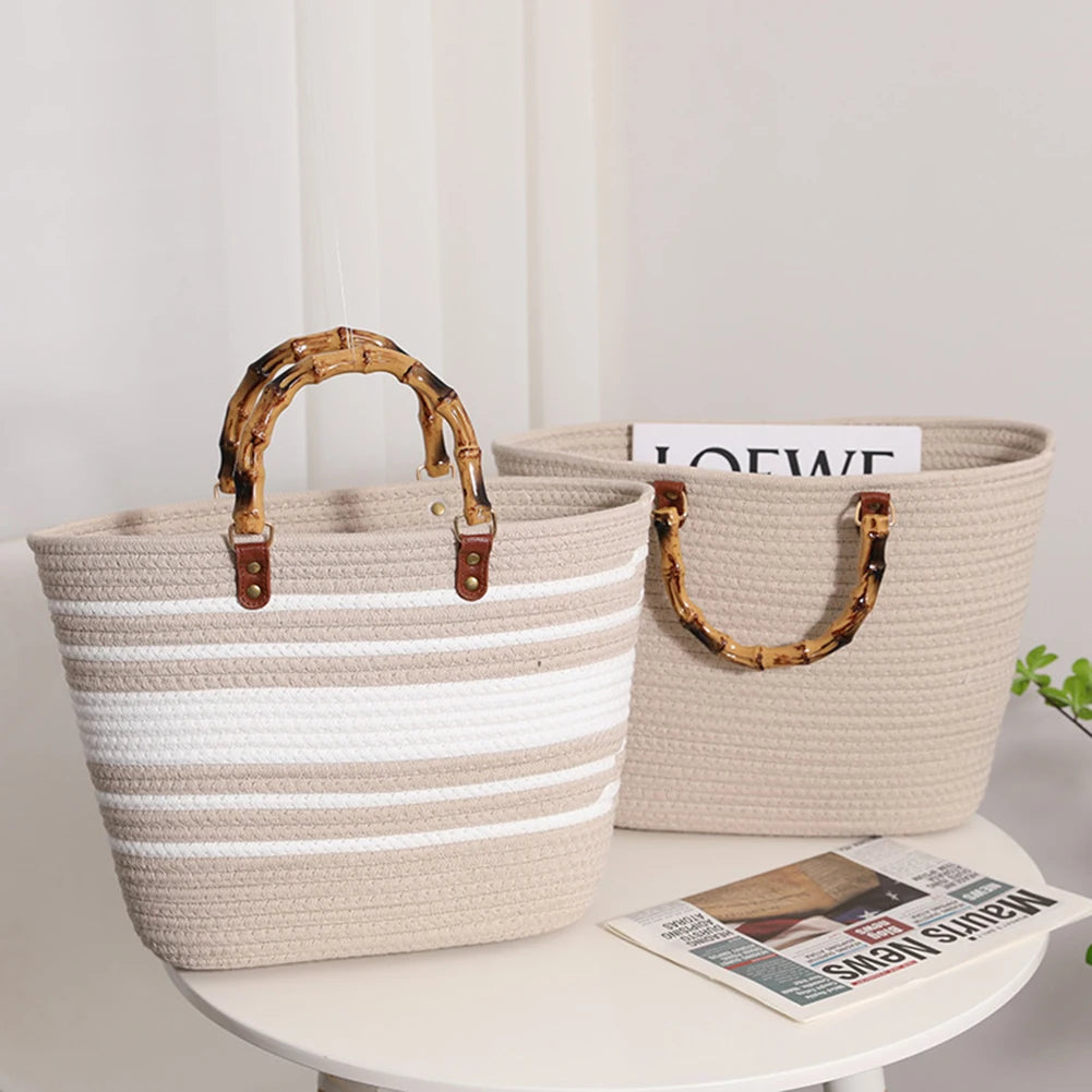 Women's Woven Bag with Bamboo Handle – Large Capacity, Striped, Ideal for Beach and Holidays