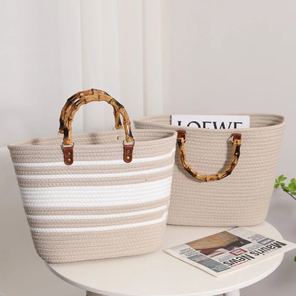 Women's Woven Bag with Bamboo Handle – Large Capacity, Striped, Ideal for Beach and Holidays