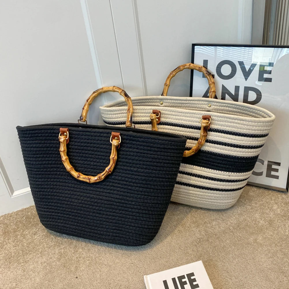 Women's Woven Bag with Bamboo Handle – Large Capacity, Striped, Ideal for Beach and Holidays
