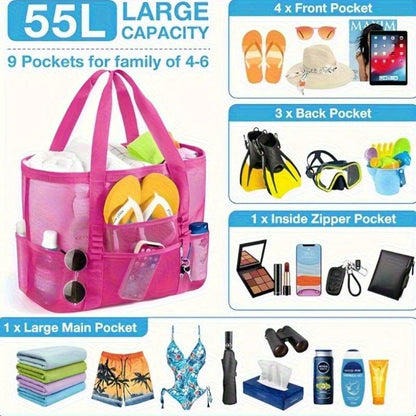 Sac de Plage Filet Anti-Sable – Multi-Poches, Léger et Respirant pour Toute la Famille