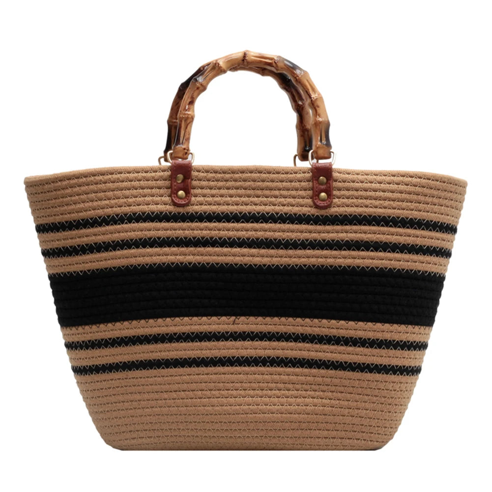 Women's Woven Bag with Bamboo Handle – Large Capacity, Striped, Ideal for Beach and Holidays