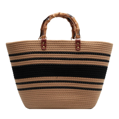 Women's Woven Bag with Bamboo Handle – Large Capacity, Striped, Ideal for Beach and Holidays