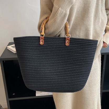 Women's Woven Bag with Bamboo Handle – Large Capacity, Striped, Ideal for Beach and Holidays