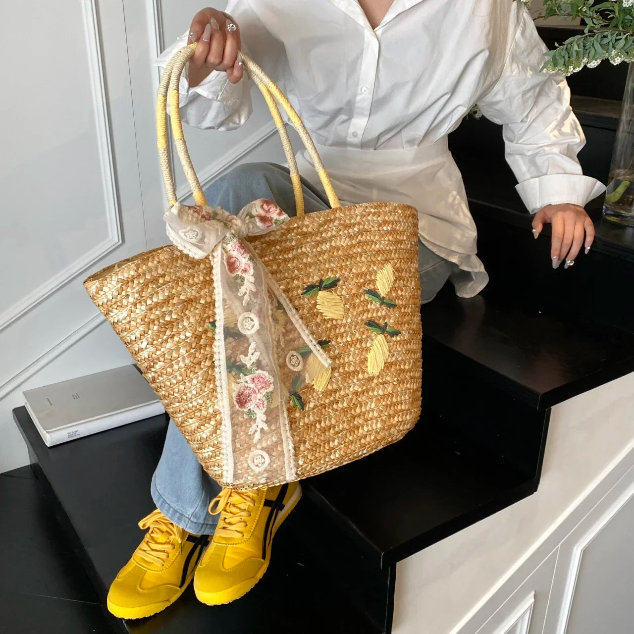 Sac de Plage en Paille Fait Main – Brodé & Bohème | Sac À Épaule Grande Capacité | Panier Rotin Été | S, M & L