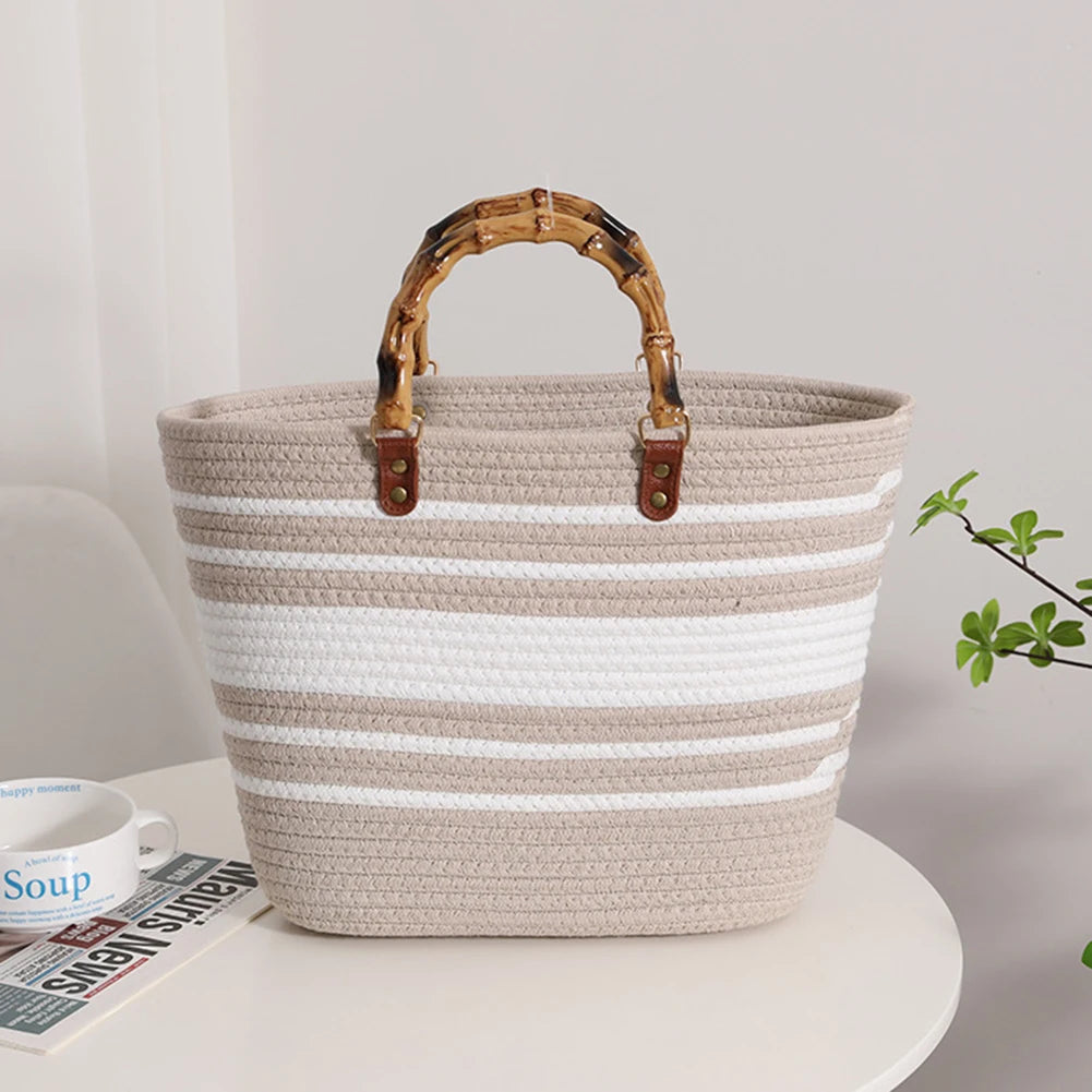 Women's Woven Bag with Bamboo Handle – Large Capacity, Striped, Ideal for Beach and Holidays