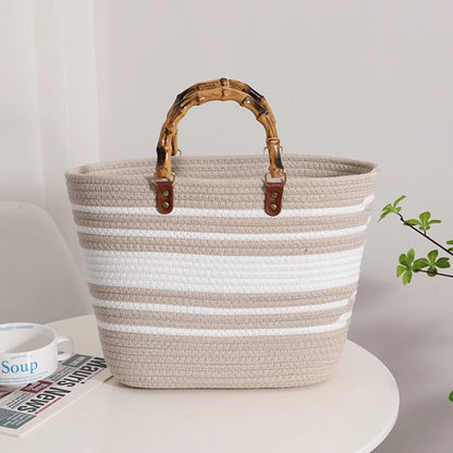 Women's Woven Bag with Bamboo Handle – Large Capacity, Striped, Ideal for Beach and Holidays