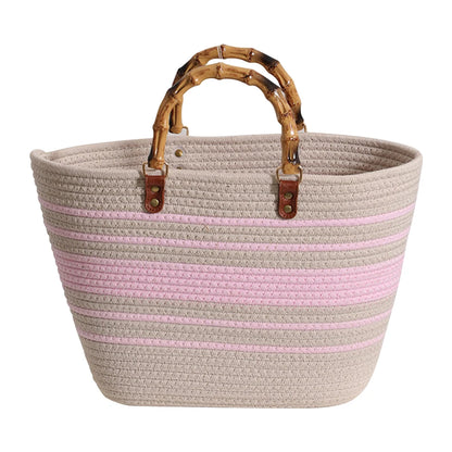 Women's Woven Bag with Bamboo Handle – Large Capacity, Striped, Ideal for Beach and Holidays