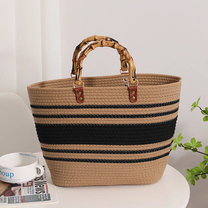 Women's Woven Bag with Bamboo Handle – Large Capacity, Striped, Ideal for Beach and Holidays