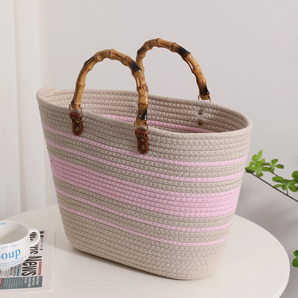 Women's Woven Bag with Bamboo Handle – Large Capacity, Striped, Ideal for Beach and Holidays