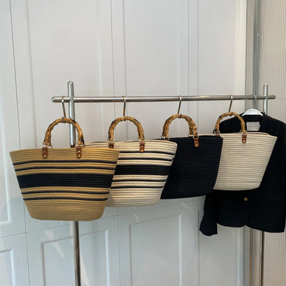 Women's Woven Bag with Bamboo Handle – Large Capacity, Striped, Ideal for Beach and Holidays