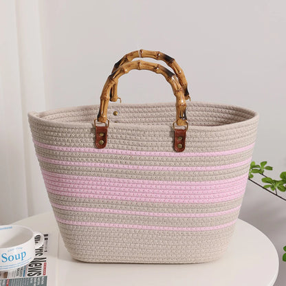Women's Woven Bag with Bamboo Handle – Large Capacity, Striped, Ideal for Beach and Holidays