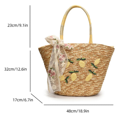Sac de Plage en Paille Fait Main – Brodé & Bohème | Sac À Épaule Grande Capacité | Panier Rotin Été | S, M & L