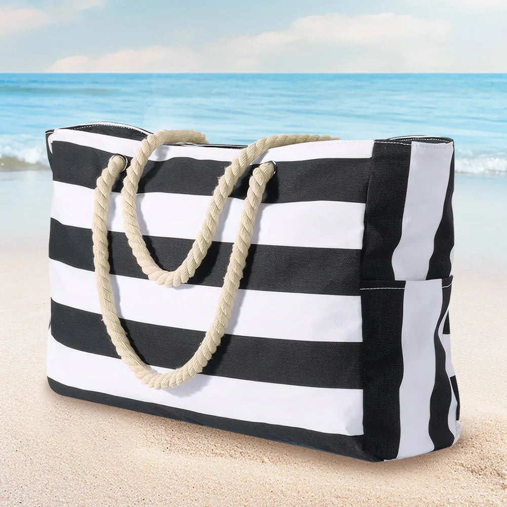 Grand Sac de Plage Rayé Impérméable – Tote Bag Zippé pour Femme, Piscine et Voyage
