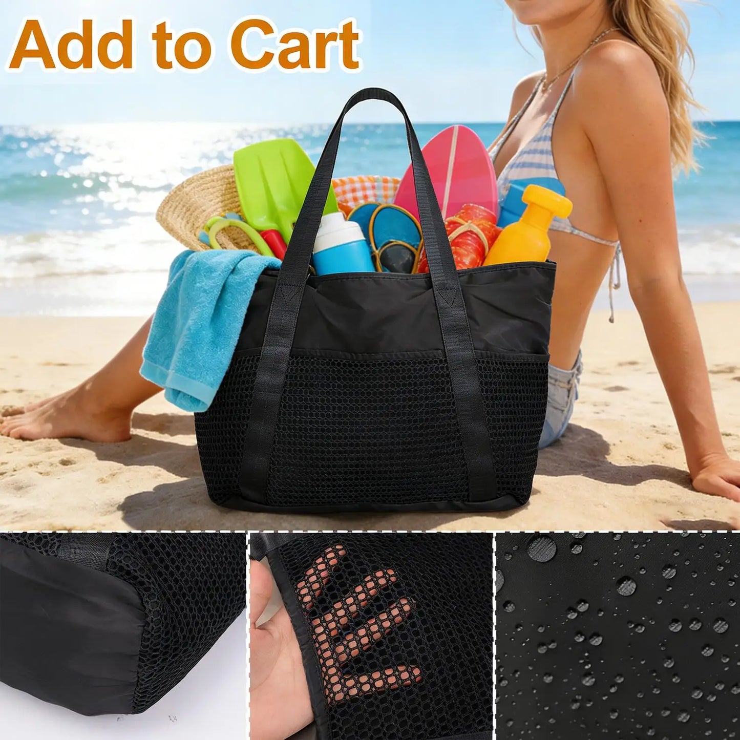 Women's Large Capacity Beach Bag - Waterproof, Wet/Dry Compartment, Foldable