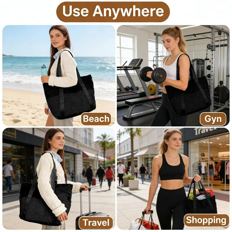 Women's Large Capacity Beach Bag - Waterproof, Wet/Dry Compartment, Foldable