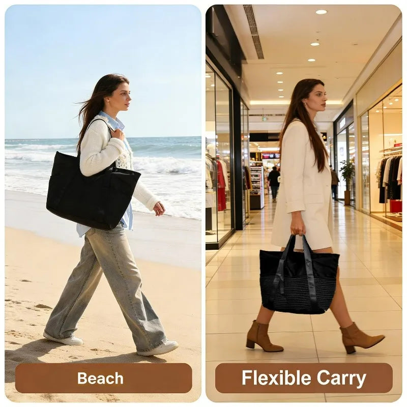 Women's Large Capacity Beach Bag - Waterproof, Wet/Dry Compartment, Foldable