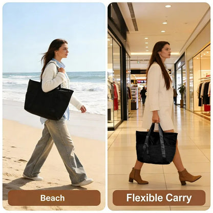 Women's Large Capacity Beach Bag - Waterproof, Wet/Dry Compartment, Foldable