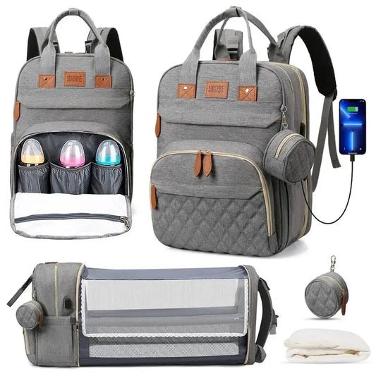 3-in-1 Diaper Bag Backpack, Foldable Baby Bed, Waterproof Travel Bag with USB Charging Port, Diaper Bag Backpack with Changing Bed, 3 Styles