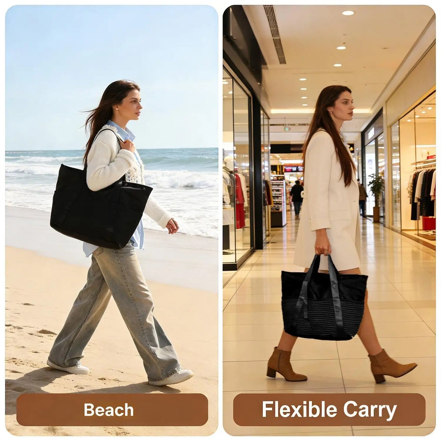 Women's Large Capacity Beach Bag - Waterproof, Wet/Dry Compartment, Foldable