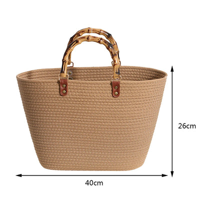 Women's Woven Bag with Bamboo Handle – Large Capacity, Striped, Ideal for Beach and Holidays