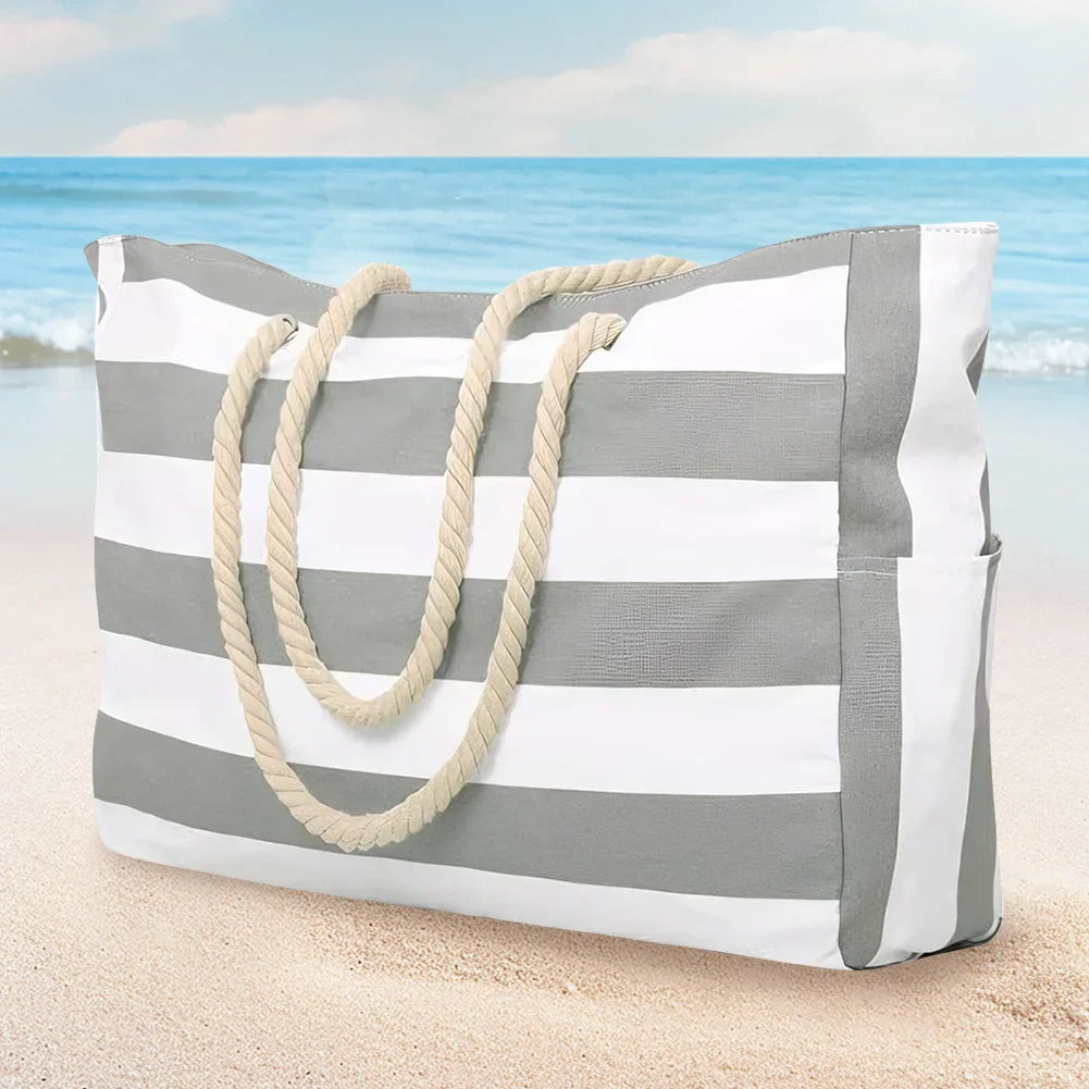 Grand Sac de Plage Rayé Impérméable – Tote Bag Zippé pour Femme, Piscine et Voyage