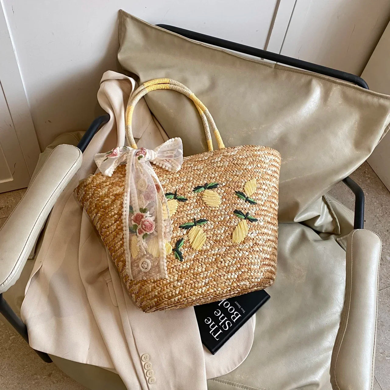 Sac de Plage en Paille Fait Main – Brodé & Bohème | Sac À Épaule Grande Capacité | Panier Rotin Été | S, M & L