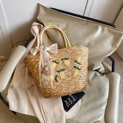 Sac de Plage en Paille Fait Main – Brodé & Bohème | Sac À Épaule Grande Capacité | Panier Rotin Été | S, M & L
