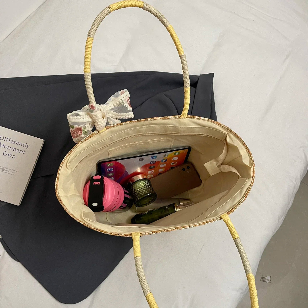 Sac de Plage en Paille Fait Main – Brodé & Bohème | Sac À Épaule Grande Capacité | Panier Rotin Été | S, M & L