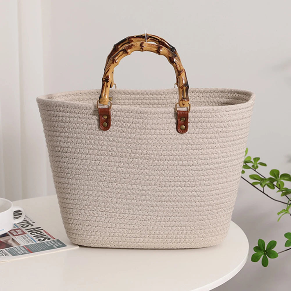 Women's Woven Bag with Bamboo Handle – Large Capacity, Striped, Ideal for Beach and Holidays