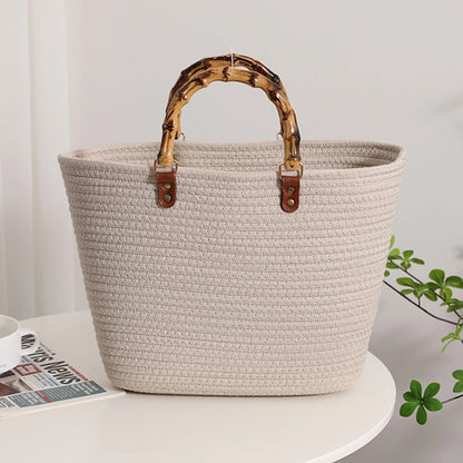 Women's Woven Bag with Bamboo Handle – Large Capacity, Striped, Ideal for Beach and Holidays