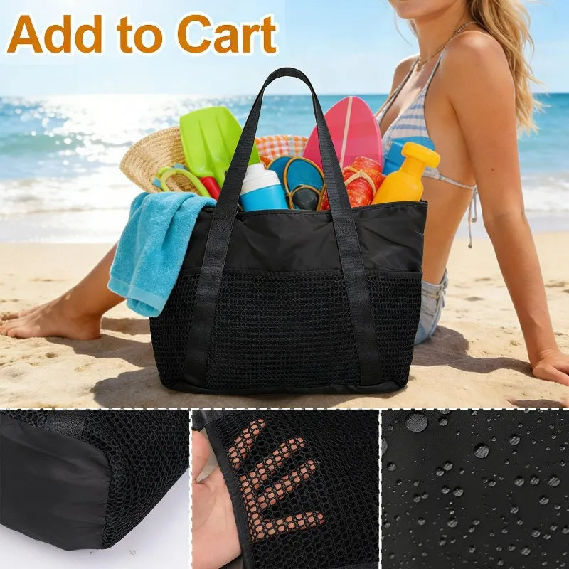 Women's Large Capacity Beach Bag - Waterproof, Wet/Dry Compartment, Foldable